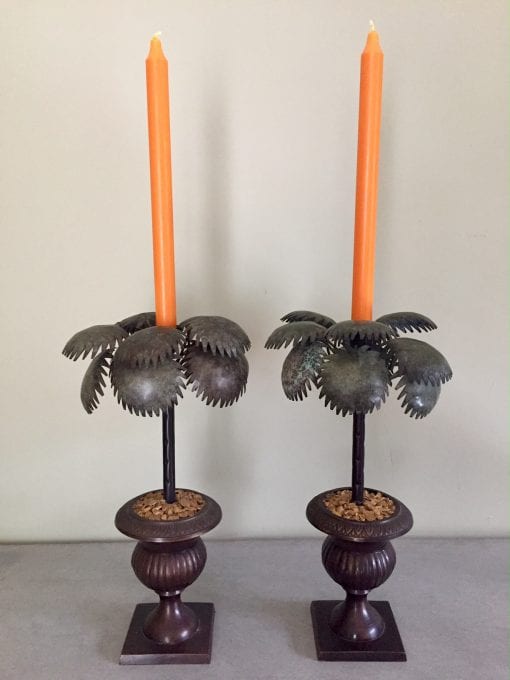 Palm tree candlestick pair orange