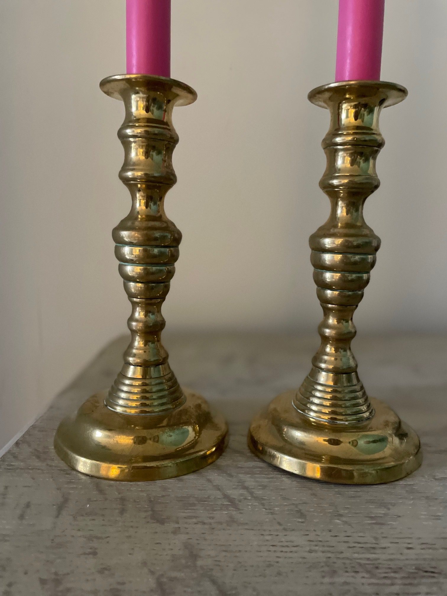 Two Pair 19th C Brass Beehive Candlesticks